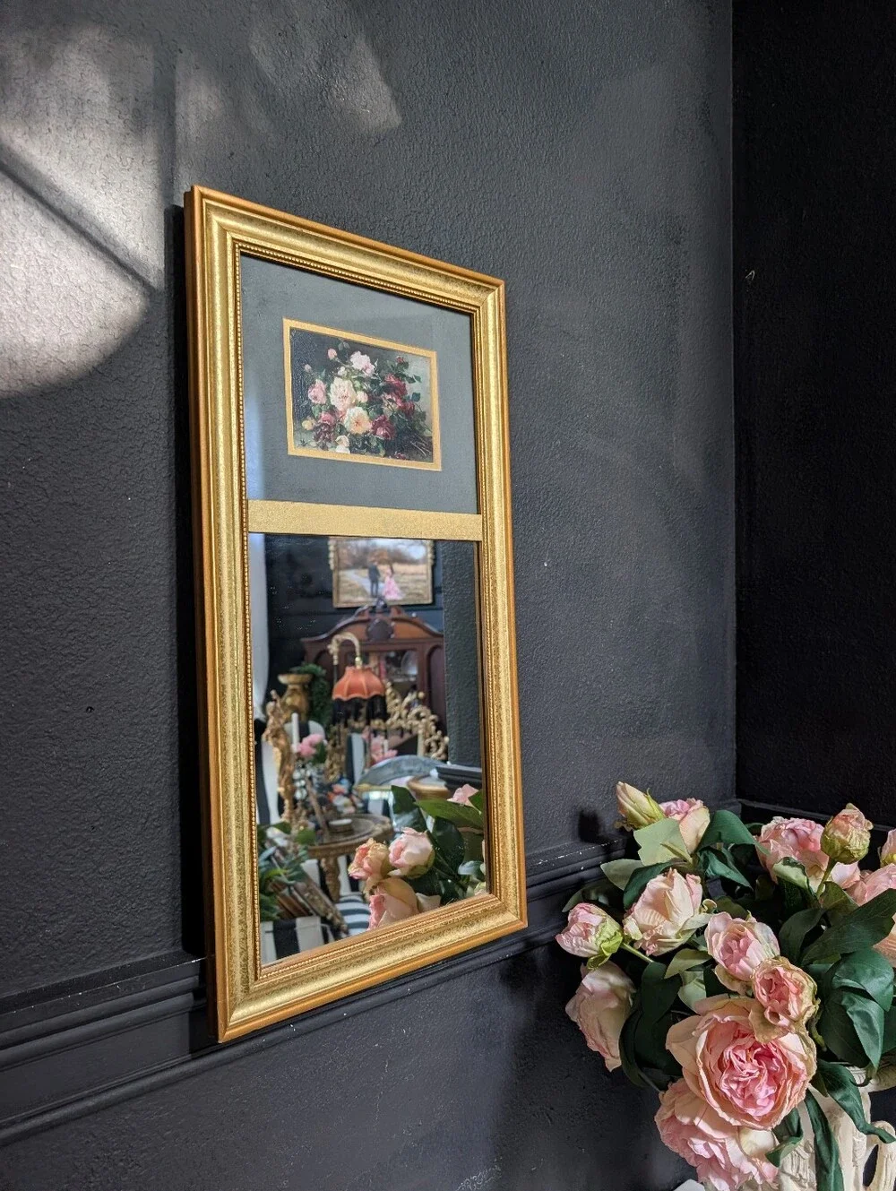 Vintage, Gold trumeau-style Wall Mirror,  Wood frame w/ inset VTG floral still